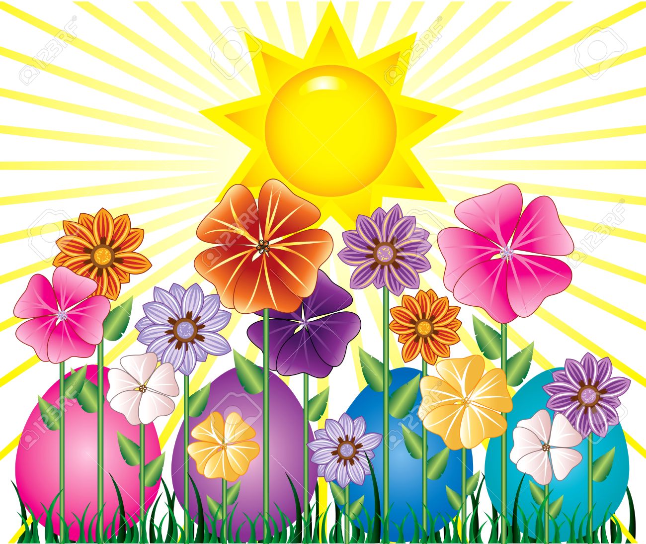 9274980-Vector-illstration-of-a-Spring-Day-with-Sunshine-and-Easter-Egg-Garden-with-grass--Stock-Vector